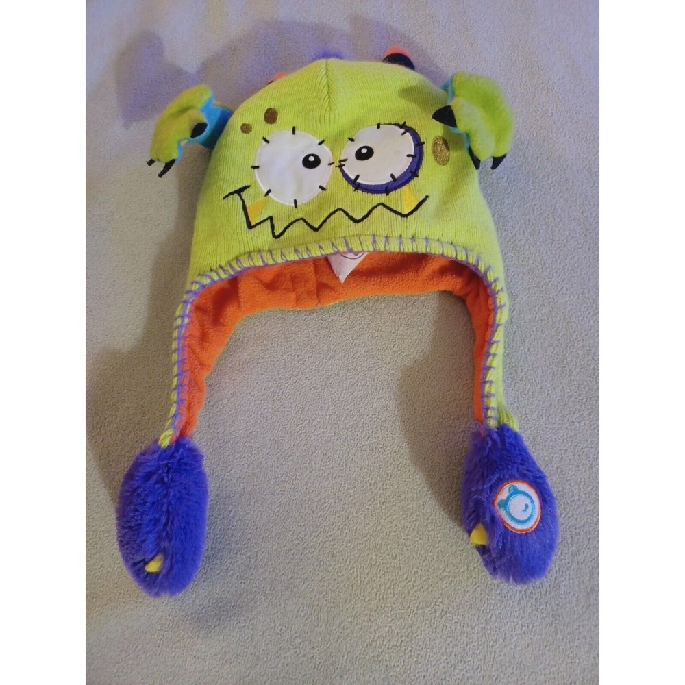FLIPEEZ Boys Pick-A-Boo Monster NEON Green And Orange Knit HAT BEANIE One Size